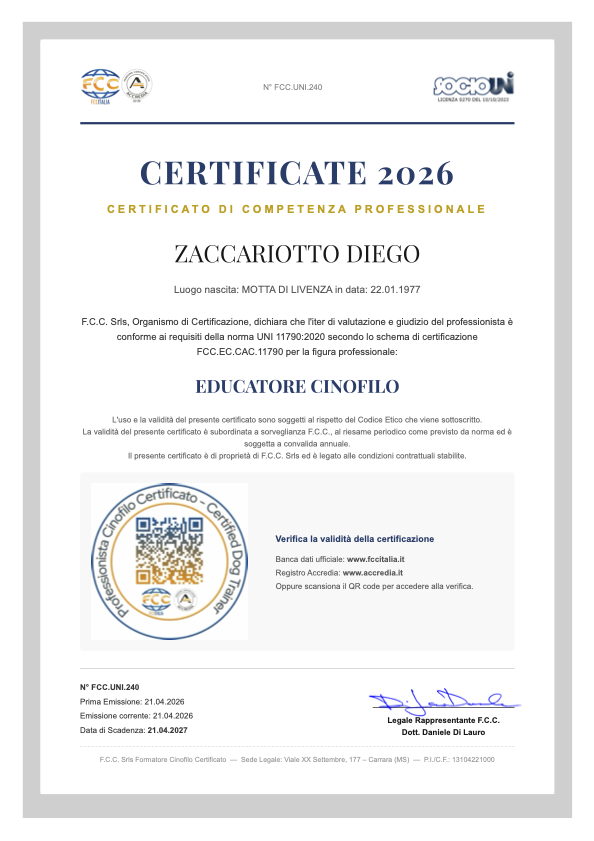 Certificato FCC UNI 240 — Diego Zaccariotto, Educatore Cinofilo